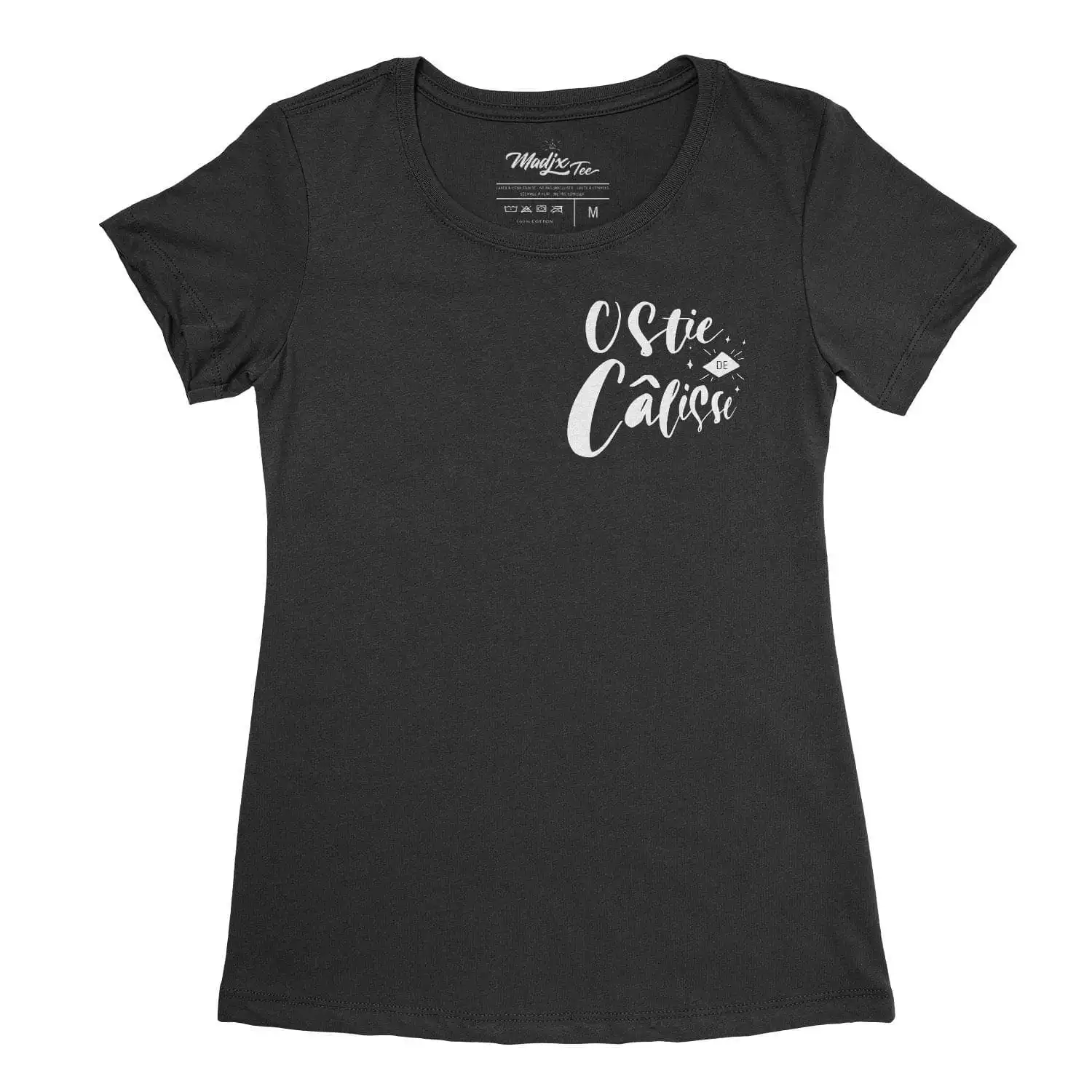 Ostie de câlisse, Drôle de tshirt pour femme, fait au Québec impression noir avec encre à eau – Image 3