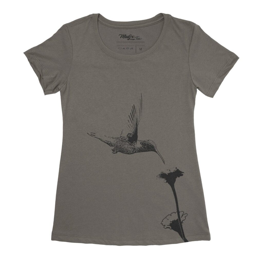 Colibri et fleur t-shirt pour femme, encre à base eau imprimé au Québec 3