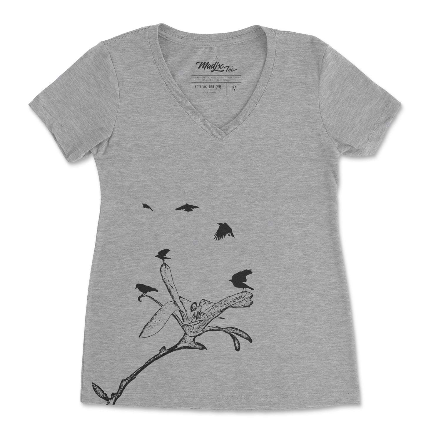 T shirt Corbeau et magnolia Col V t-shirt pour femme, encre à base d'eau imprimé au Québec