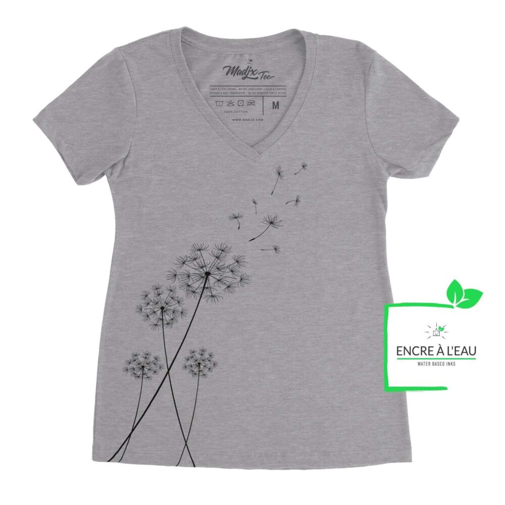 T shirt Corbeau et magnolia Col V t-shirt pour femme, encre à base d'eau imprimé au Québec