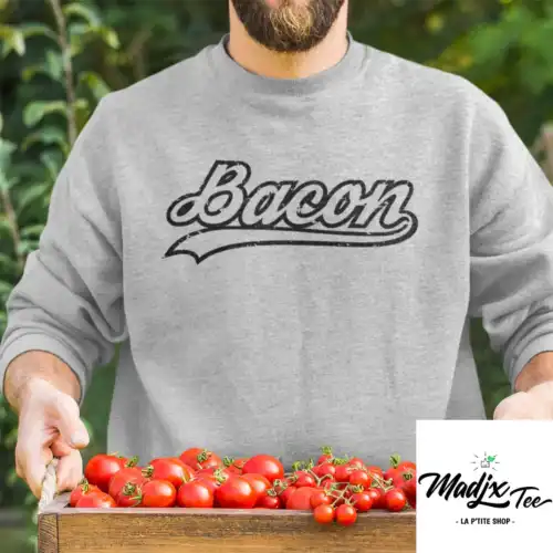 Bacon Baseball Crewneck Unisexe Gris chandail coton ouaté sans capuchon