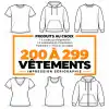 Sérigraphie pour commandes de 200 à 299 vêtements personnalisés, avec plusieurs modèles de t-shirts et chandails.