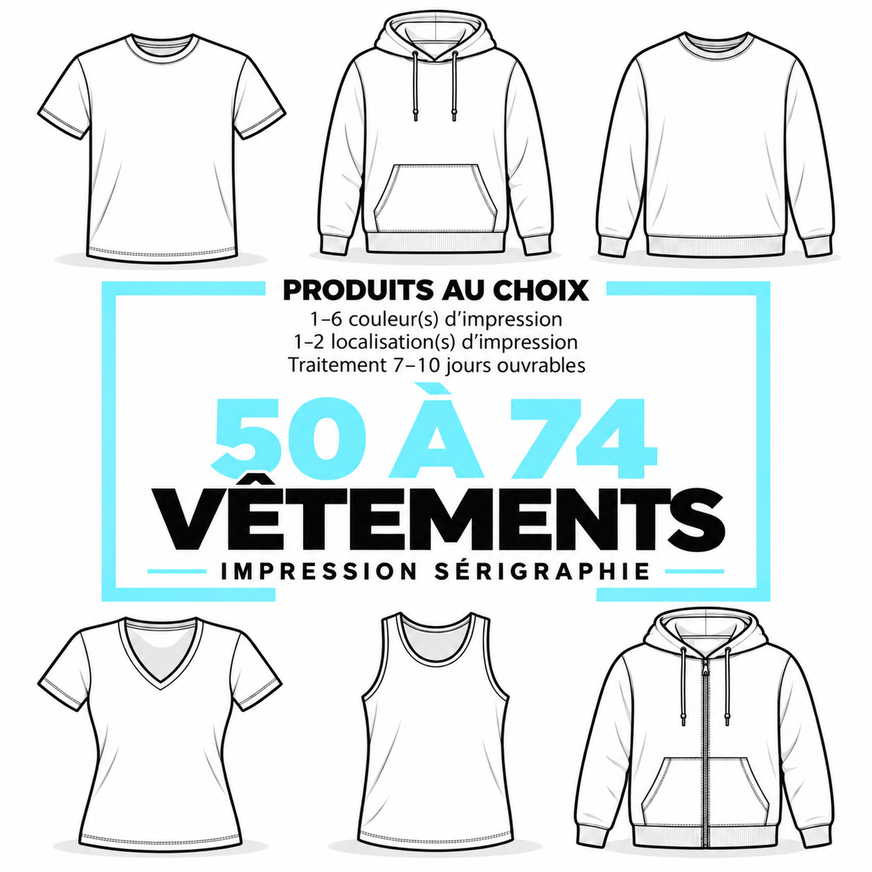 Sérigraphie sur 50 à 74 vêtements personnalisés, avec différents modèles de t-shirts et cotons ouatés.