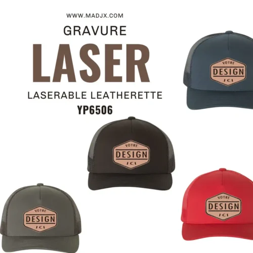 Casquette Yupoong YP6506 écusson simili cuir gris gravure laser personnalisé Québec