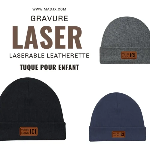 Tuque beanie pour enfant patch leatherette gravé laser logo entreprise