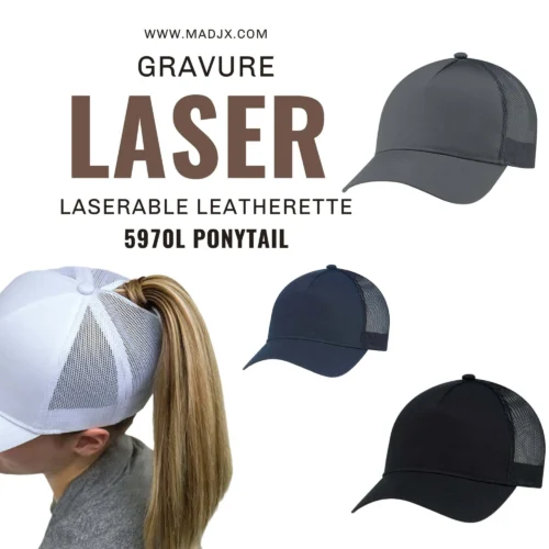 Casquette queue de cheval pony tail écusson leatherette gris gravé laser femme Québec