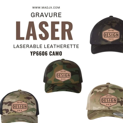Casquette Yupoong YP6606 camo écusson simili cuir gris gravure laser personnalisé Québec