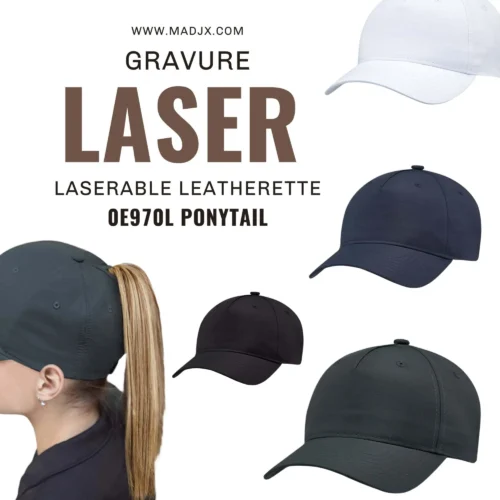Casquette poly queue de cheval pony tail écusson leatherette gris gravé laser femme Québec