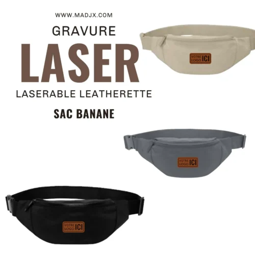 Sac banane écusson simili cuir gris gravure laser personnalisé Québec
