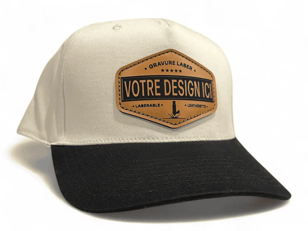 Casquette baseball ajustable badge cuir synthétique gravure laser personnalisé
